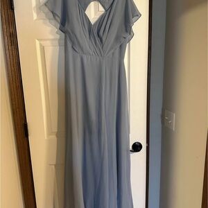 Azazie Blue Plunge Maxi Gown with Flutter Sleeves